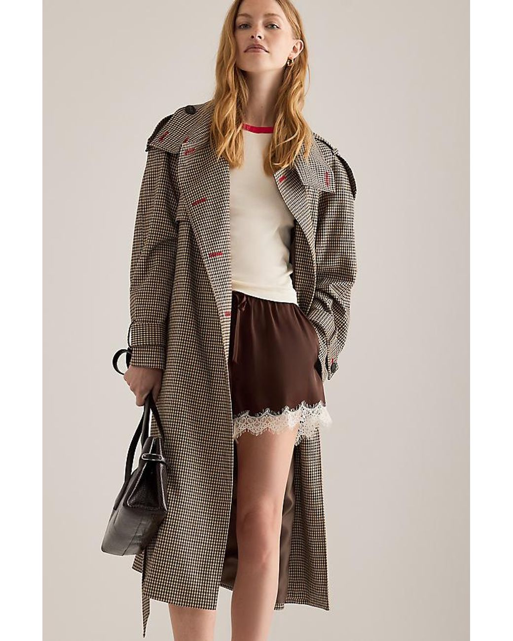 By Anthropologie Natural Lottie Check Maxi Trench Coat