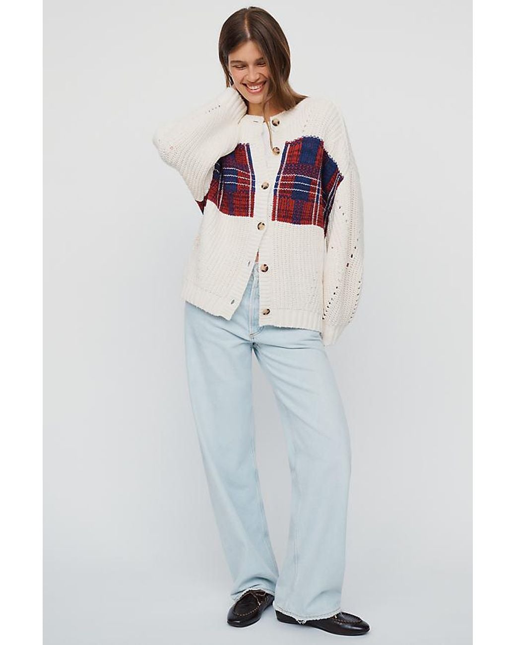 Maeve Gray Oversized Plaid Pointelle Cardigan