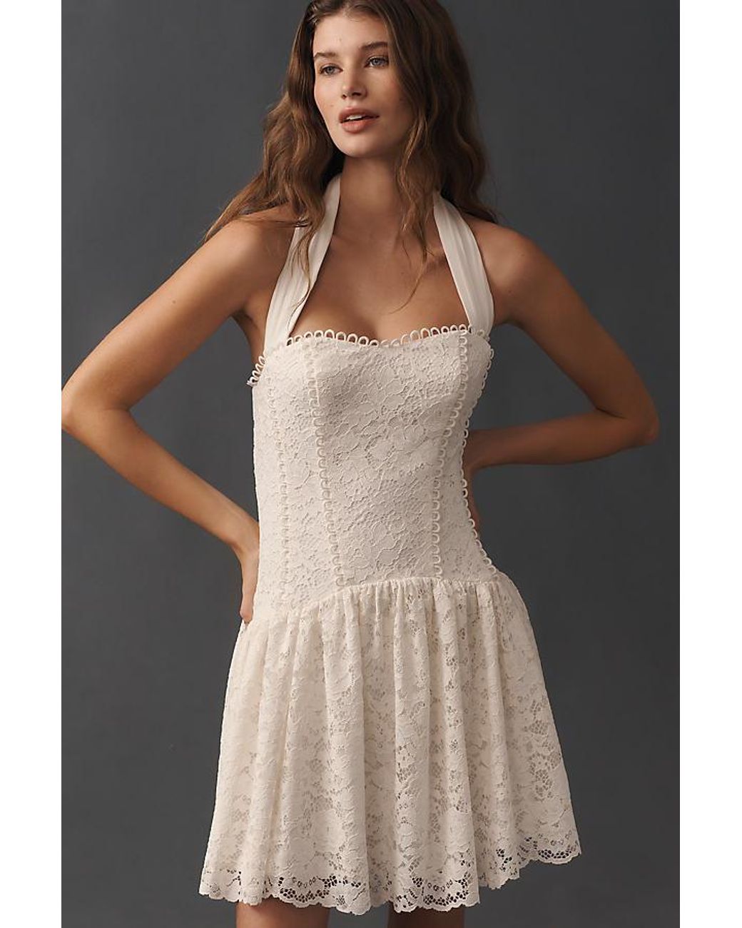 Maeve Black Lace Halter Drop-Waist Mini Dress