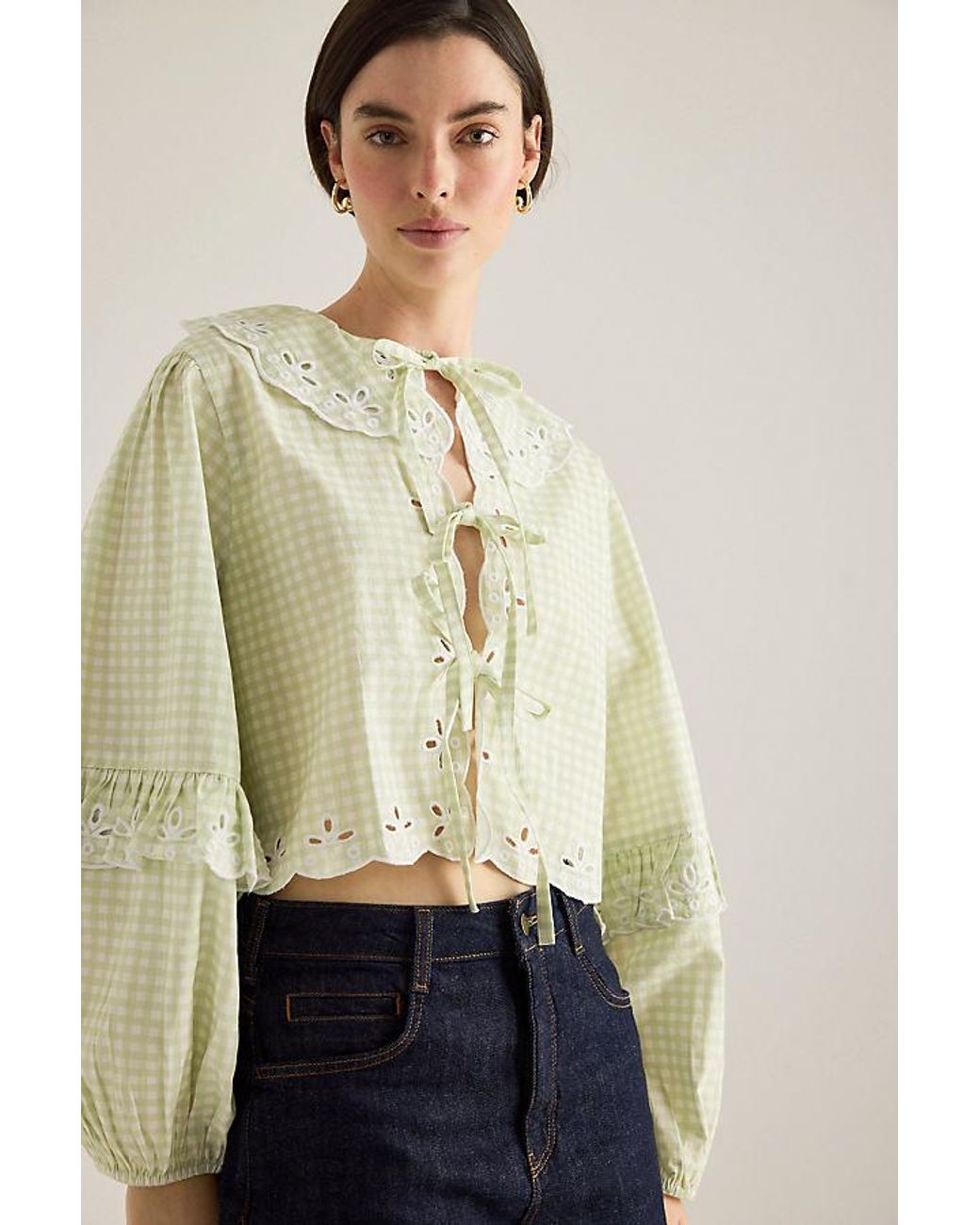 By Anthropologie Natural Gingham Tie-Front Blouse