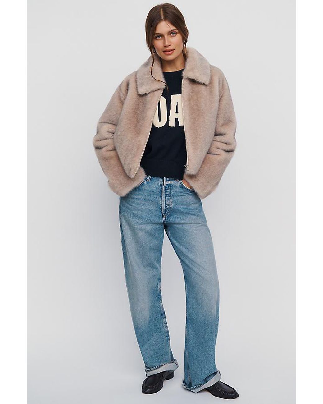 Maeve Natural Cropped Faux-Fur Coat