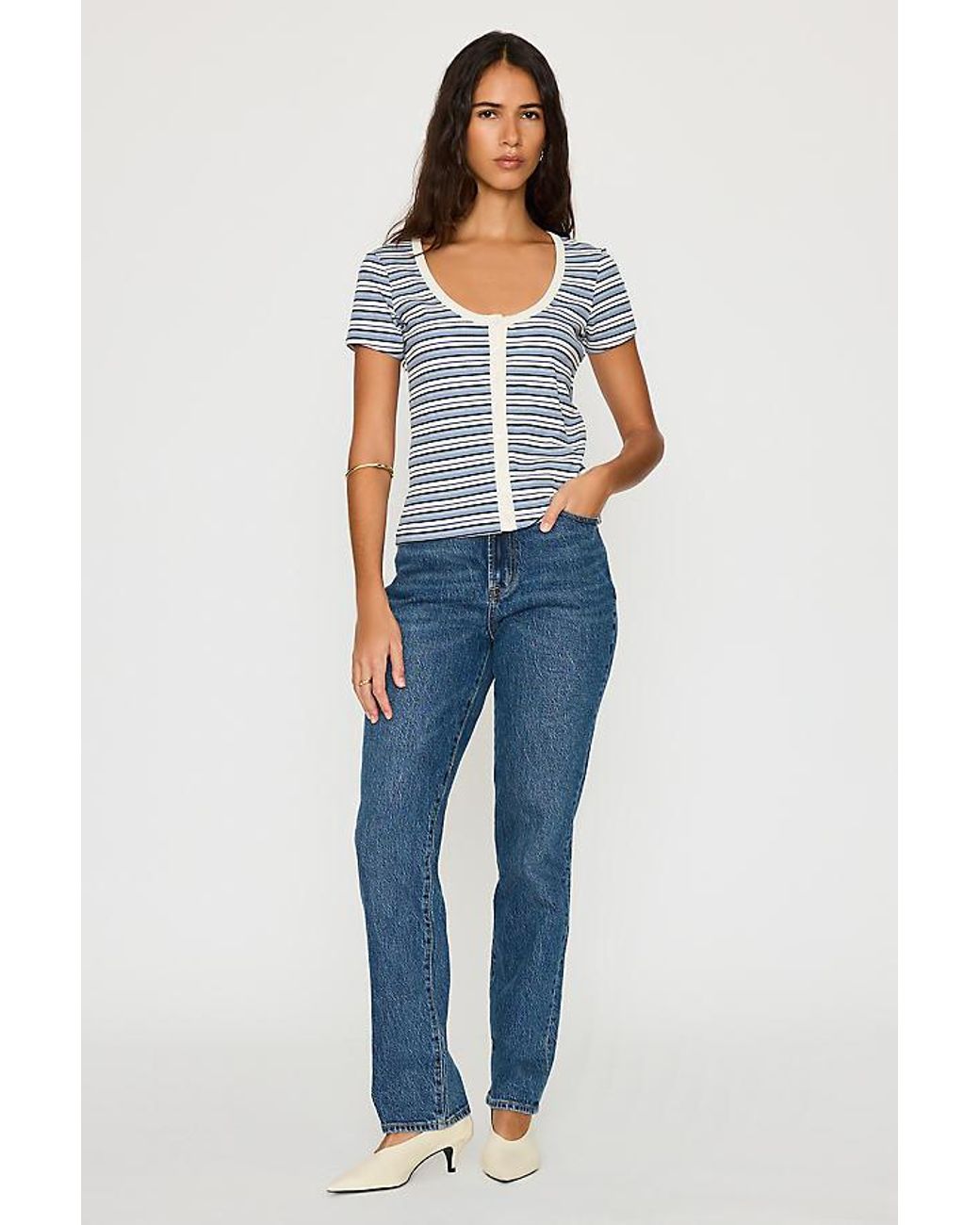 By Anthropologie Blue Scoop-Neck Stripe Ribbed Top