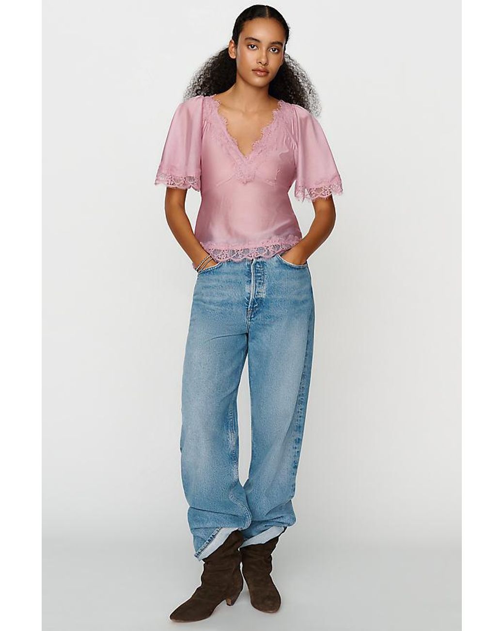 By Anthropologie Pink Silken Lace Blouse