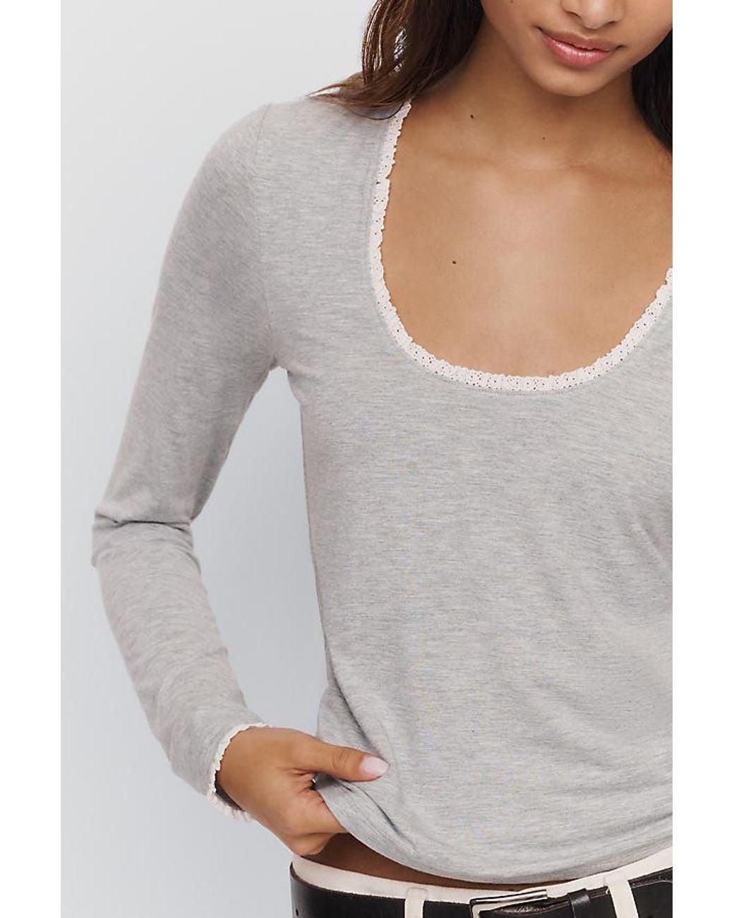 Maeve Gray Lace-Trim Long-Sleeve Top