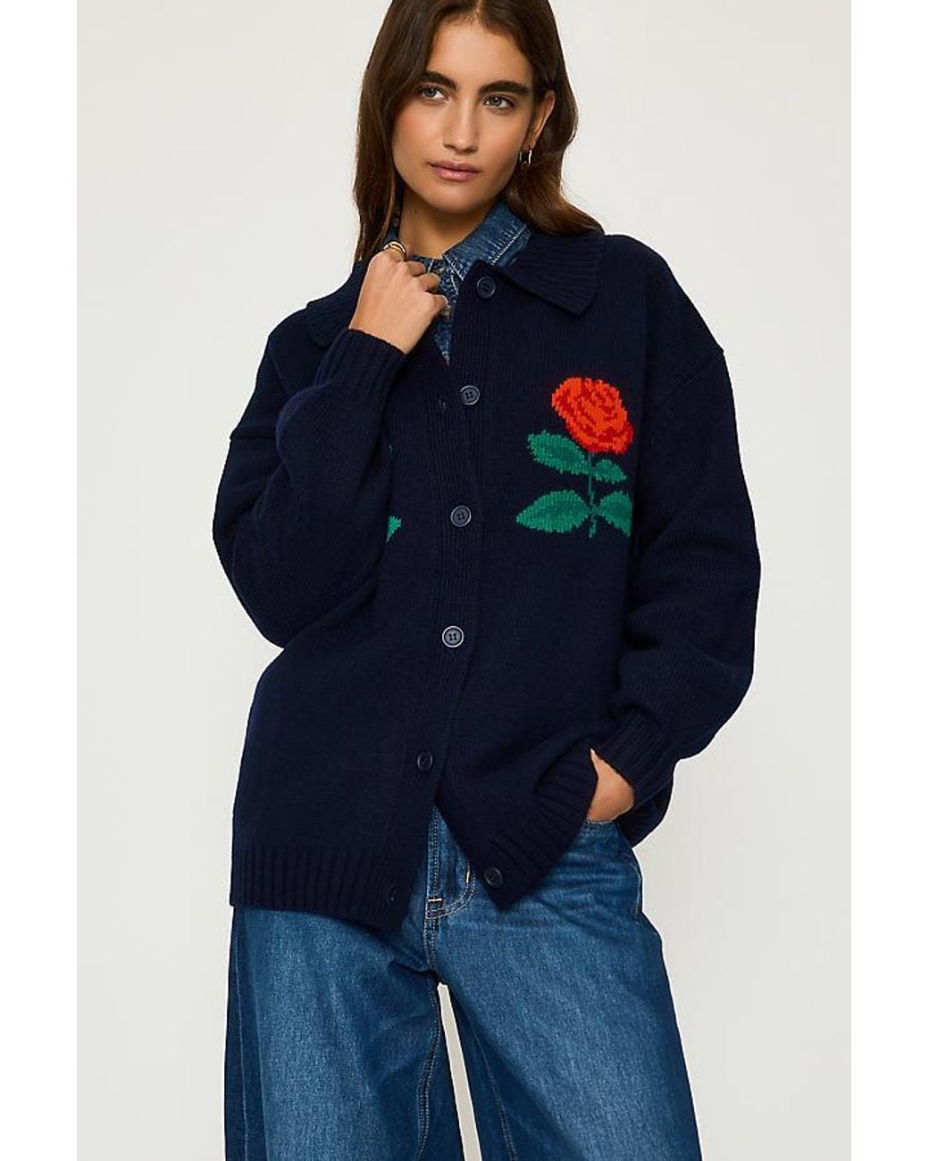 The Tiny Big Sister Blue Roses 100% Wool Oversized Cardigan
