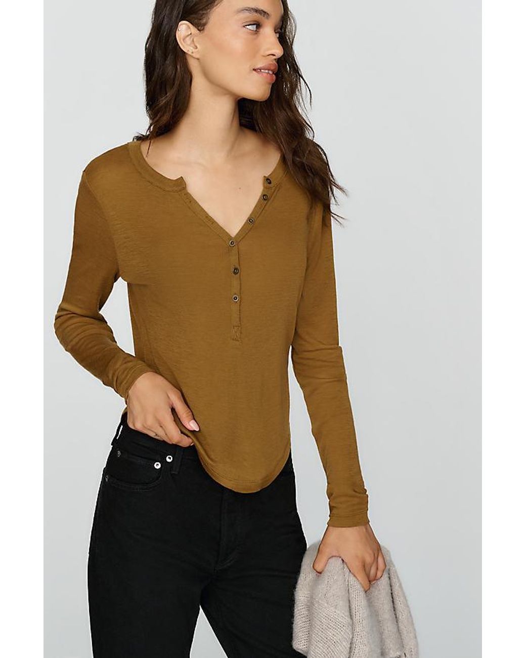 Pilcro Brown Andie 100% Wool Tissue Weight Henley Top