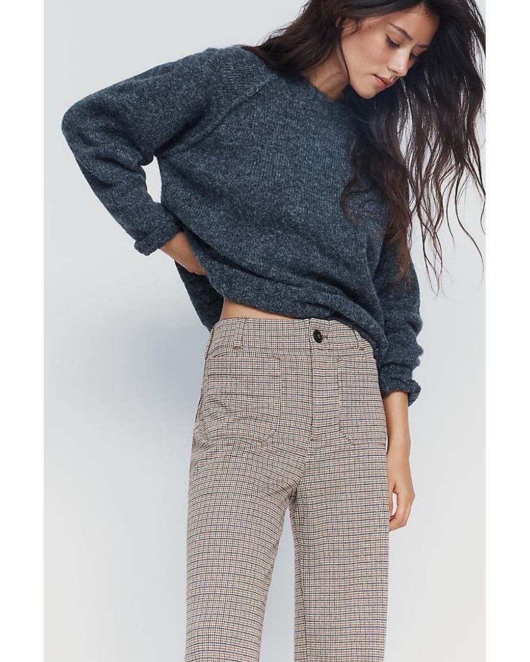 Maeve Blue The Colette Houndstooth Full-Length Wide-Leg Trousers By