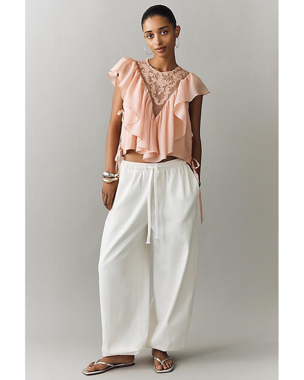 By Anthropologie Brown Sheer Ruffle Top