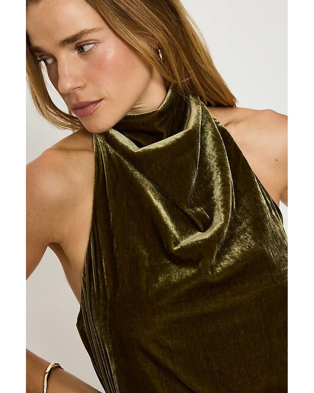 By Anthropologie Green Tallulah Velvet Halter Midi Dress