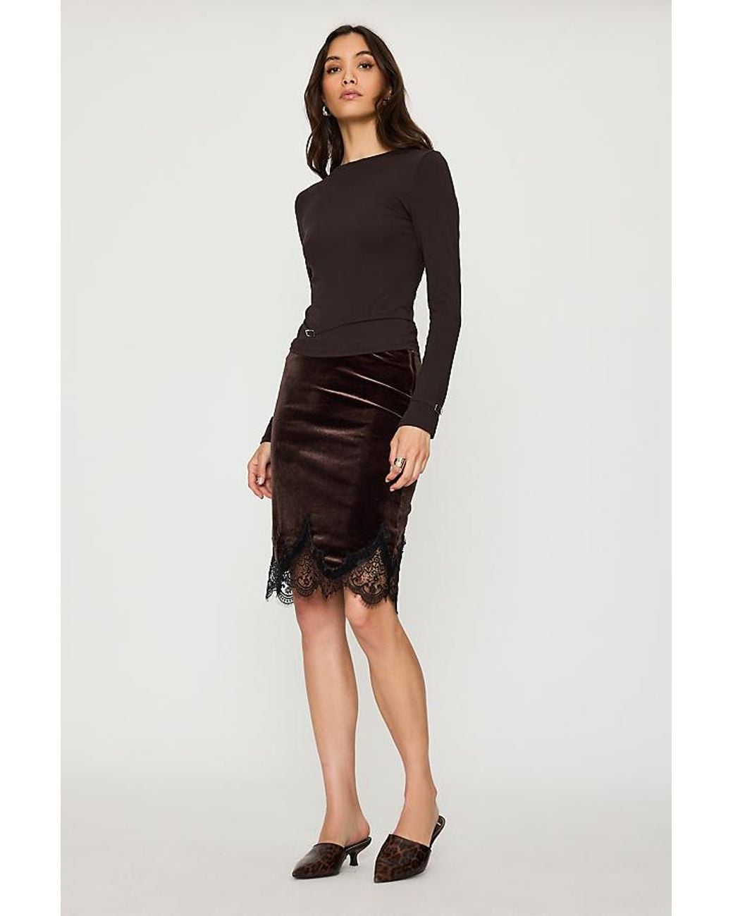 Feners Brown Suave Velvet Lace-Hem Skirt
