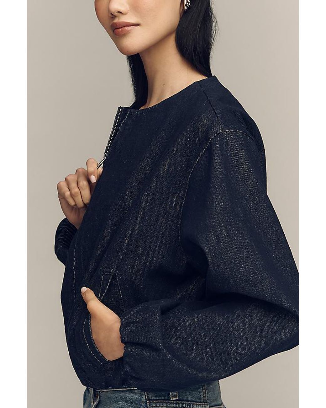 Pilcro Blue Cotton Denim Collarless Jacket