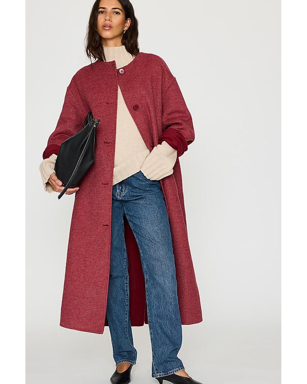 By Anthropologie Red Houndstooth Wool-Blend Scarf Coat