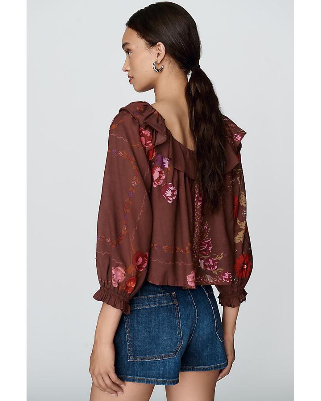 By Anthropologie Red Cotton-Blend Puff Sleeved Cropped Blouse