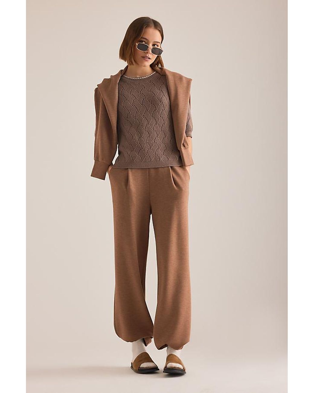 Varley Brown Agathe Pointelle Knit Top