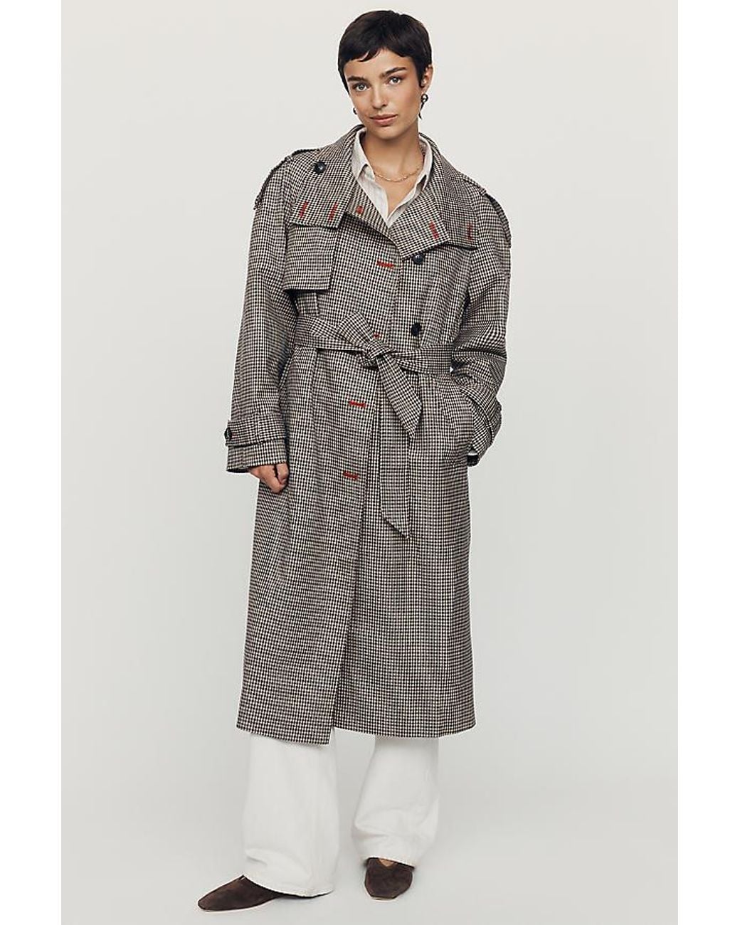 By Anthropologie Natural Lottie Check Maxi Trench Coat
