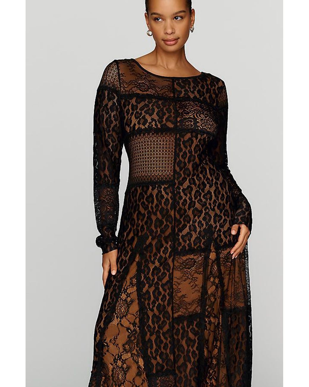 By Anthropologie Gray Long-Sleeve Mixed Lace Maxi Dress