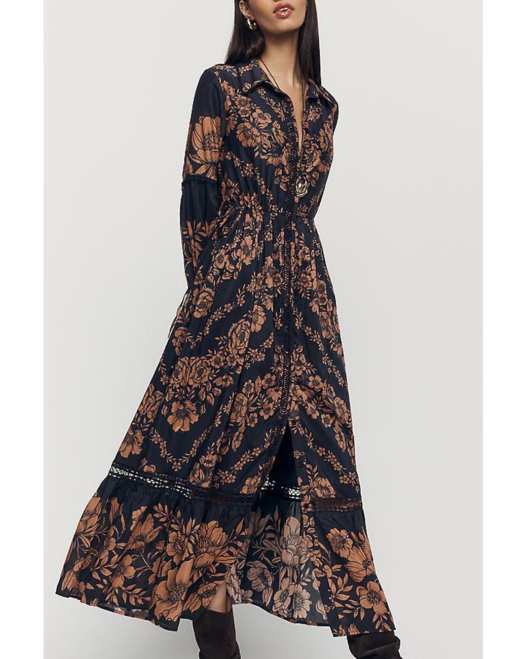 By Anthropologie Black Printed Buttondown Maxi Shirt Dress
