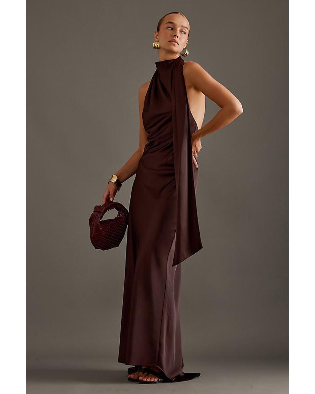 Satin Petite Halter Dress New Look Halter Cowl Neck Maxi Dress In Brown ASOS