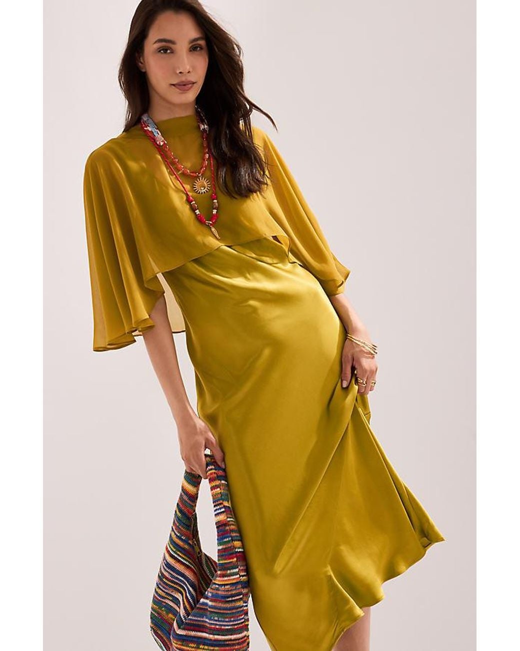 By Anthropologie Yellow Casey Cape Overlay Satin Midi Dress