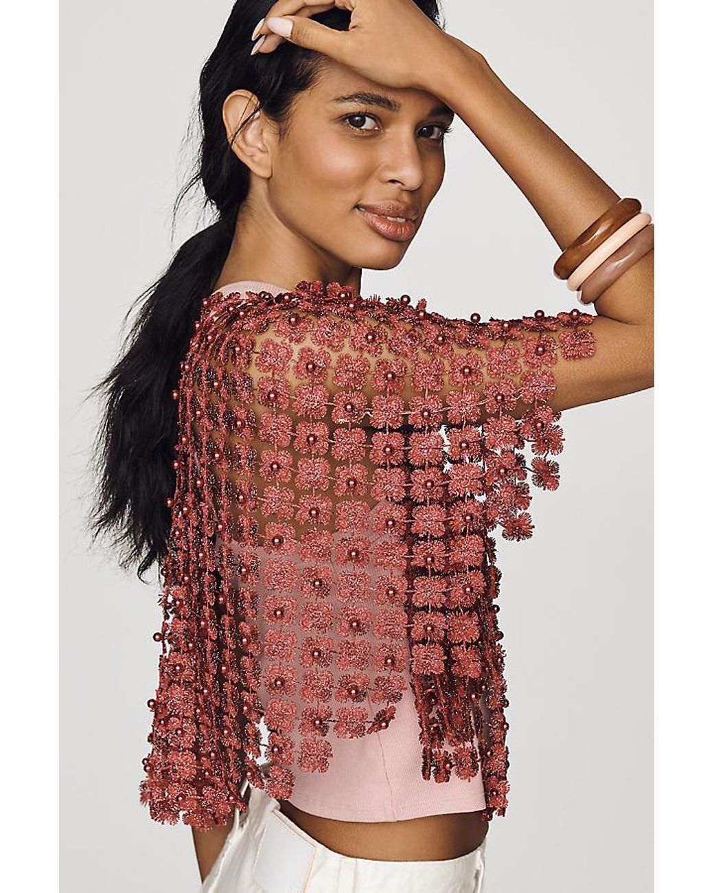By Anthropologie Red Sheer Pearl Lace Cape