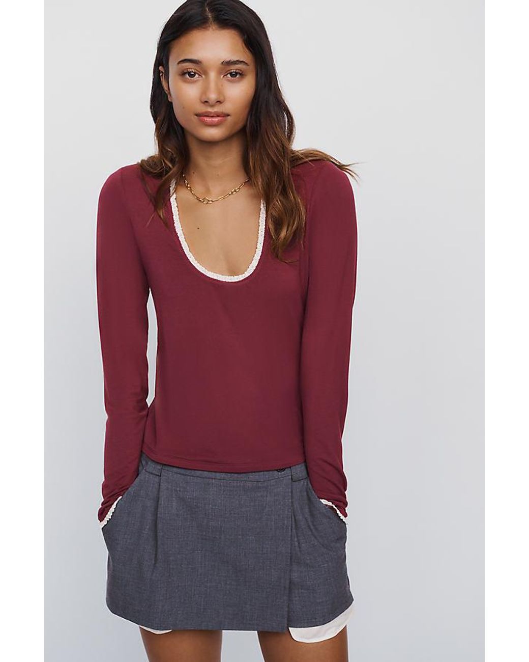Maeve Red Lace-Trim Long-Sleeve Top