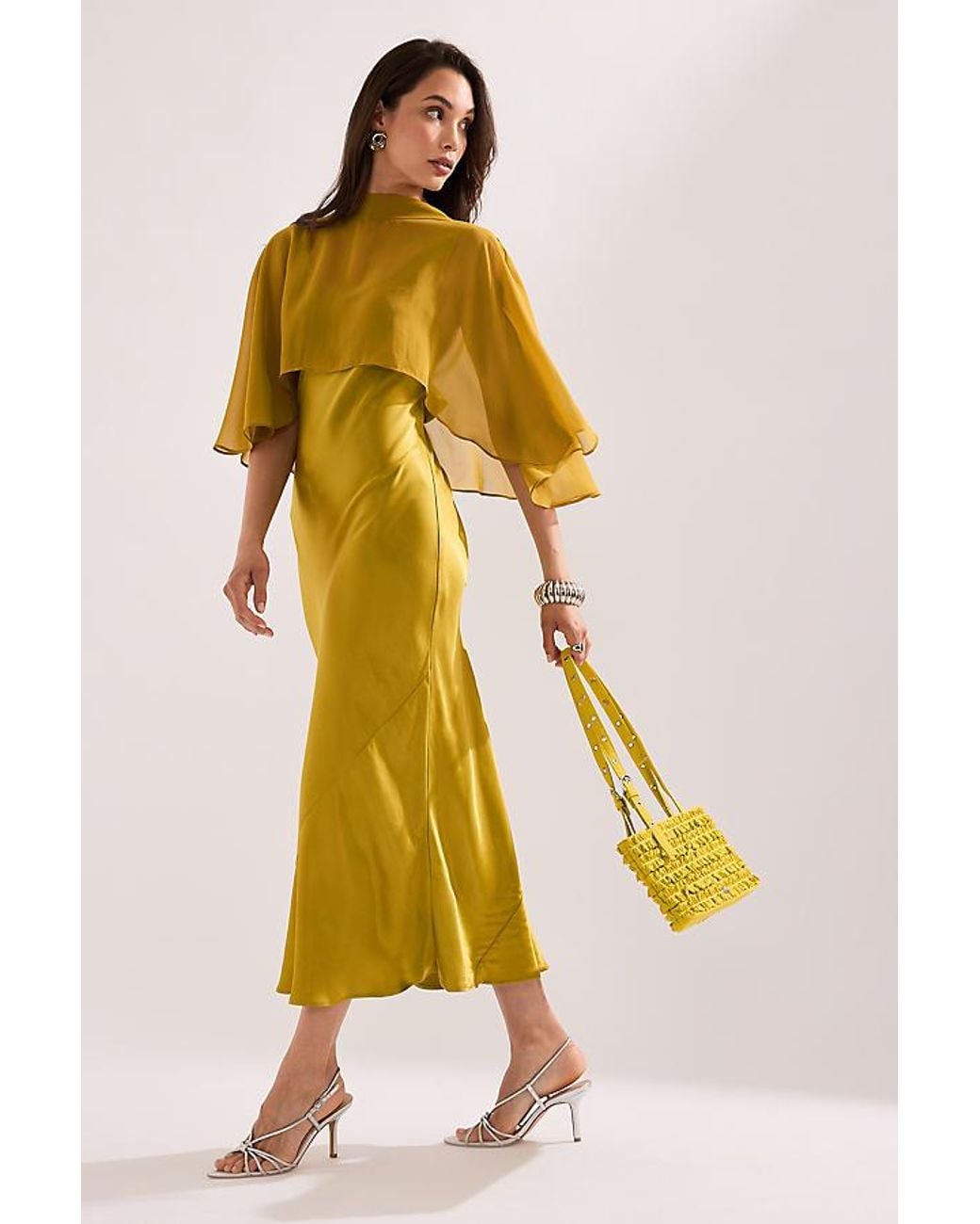 By Anthropologie Yellow Casey Cape Overlay Satin Midi Dress