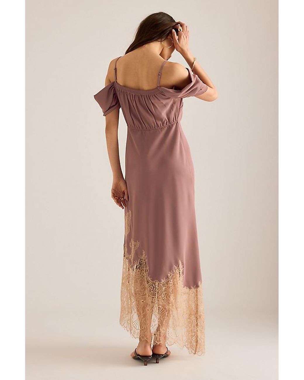 Bl-nk Natural Satin Off-Shoulder Lace Midi Dress