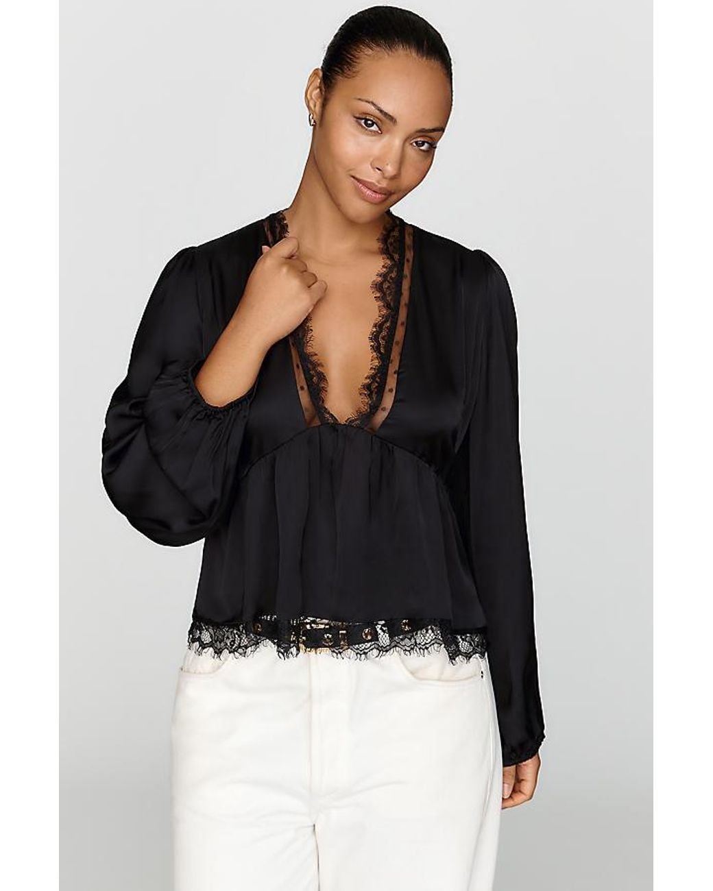 By Anthropologie Black Satin Lace Trimmed Plunge Blouse