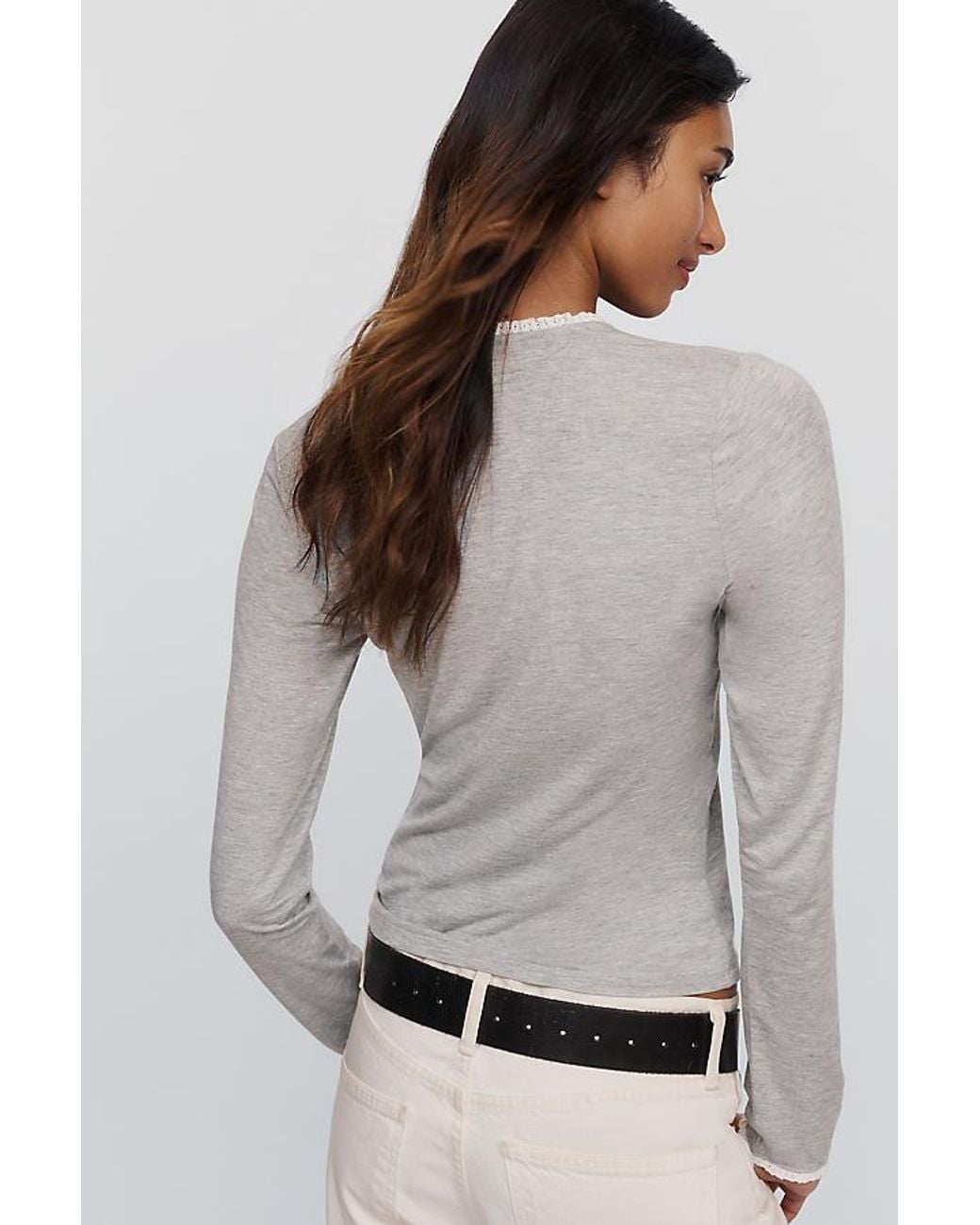 Maeve Gray Lace-Trim Long-Sleeve Top