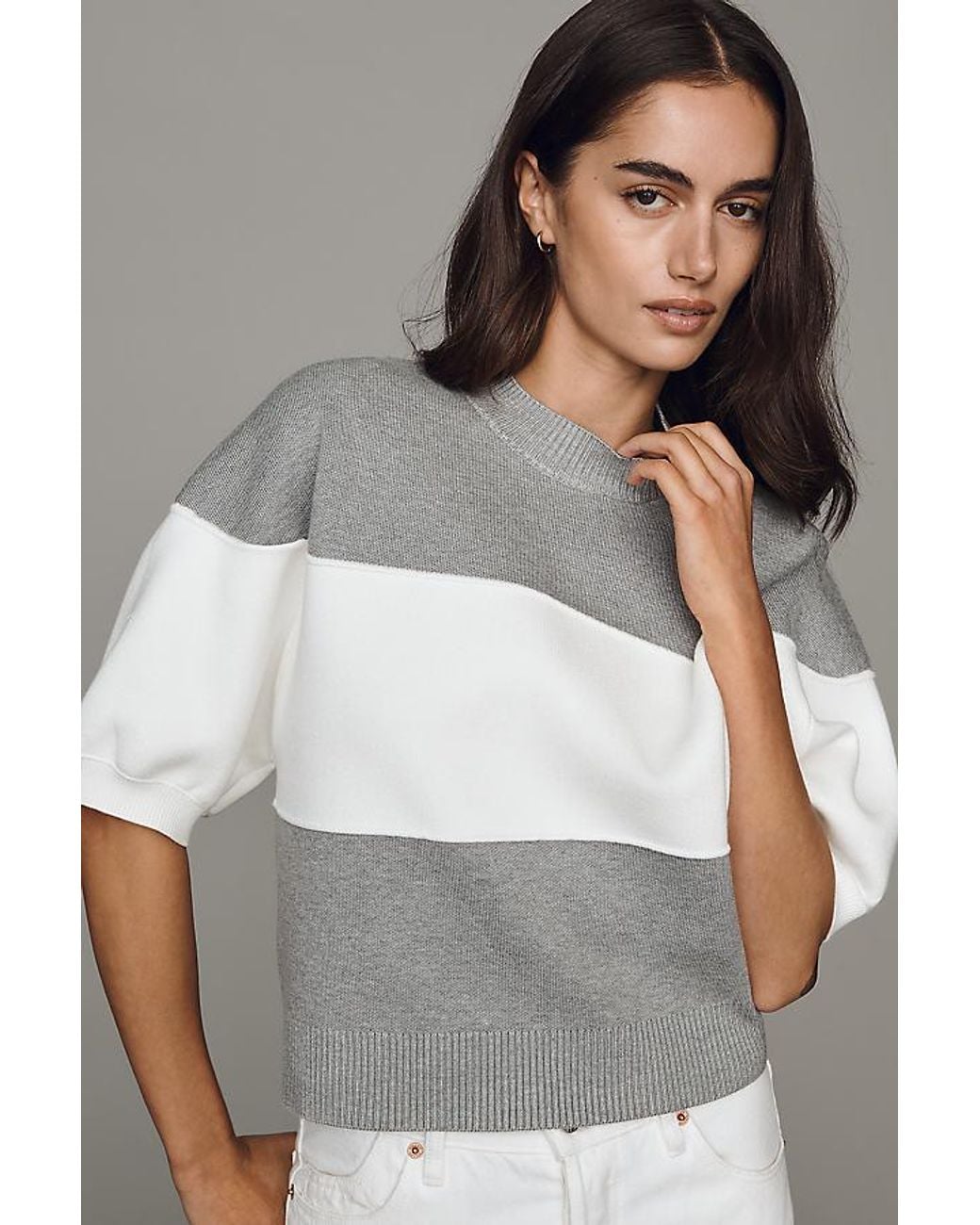 Maeve Gray Puff-Sleeve Knit Top
