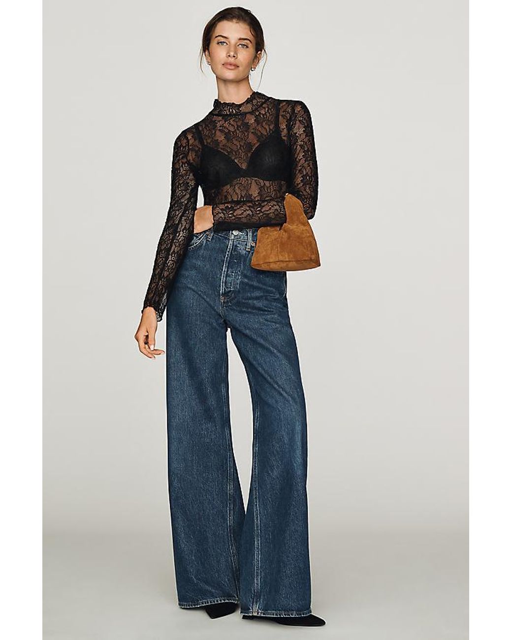 By Anthropologie Black Lace Layering Turtleneck Top