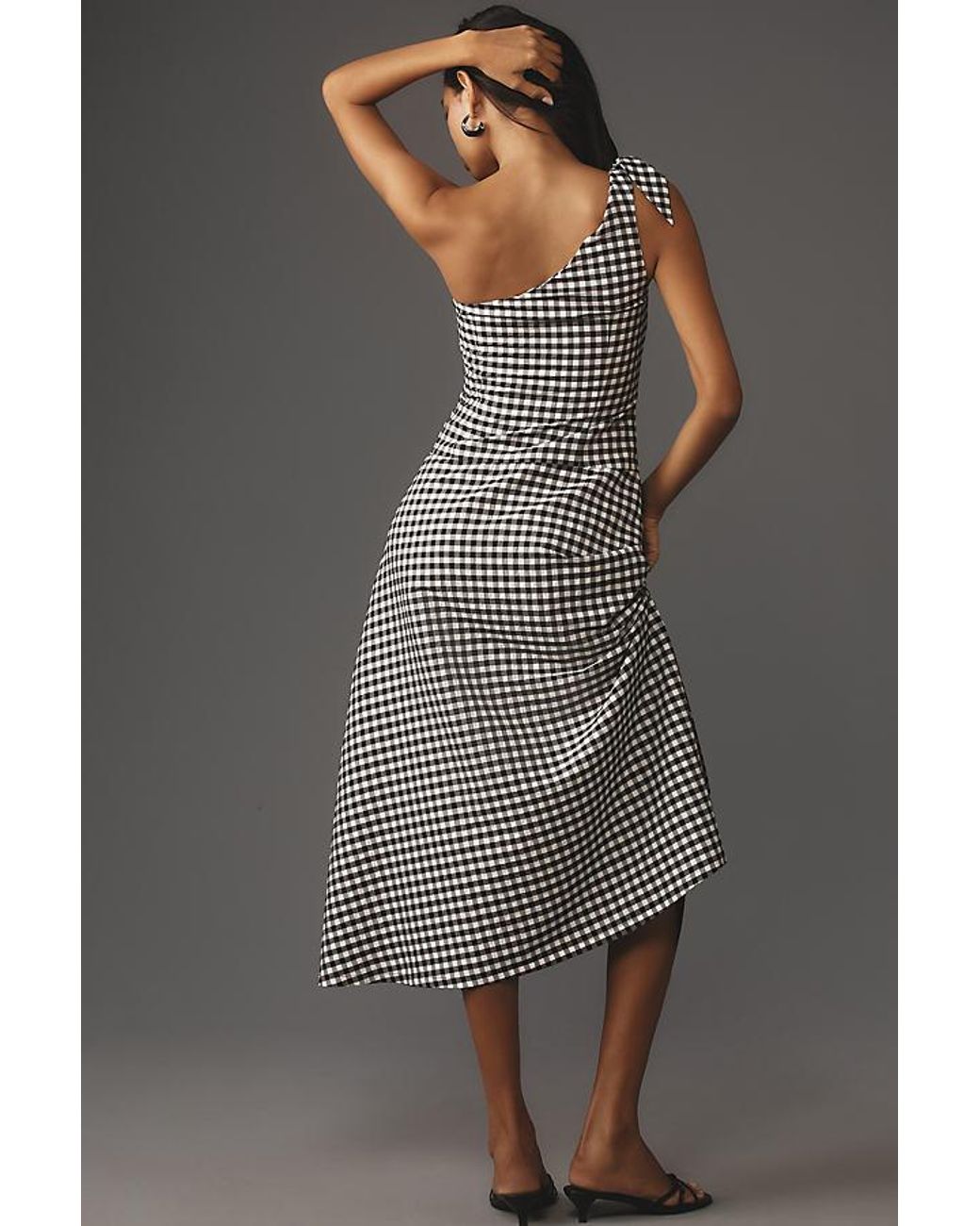 Anthropologie One shoulder Gingham Midi Dress in Grey Lyst UK