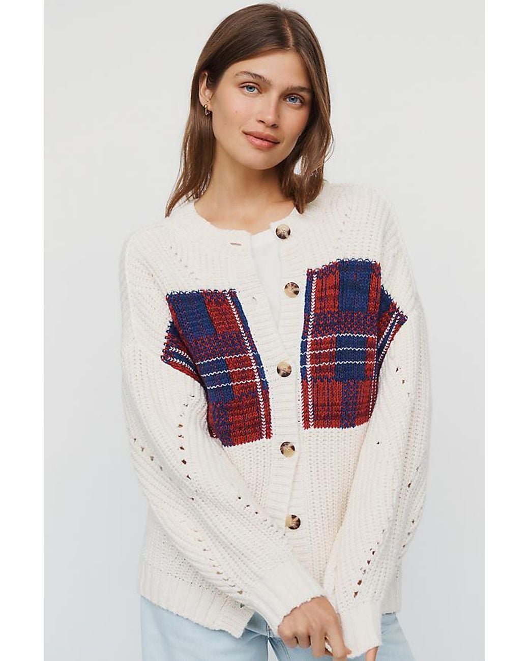 Maeve Gray Oversized Plaid Pointelle Cardigan
