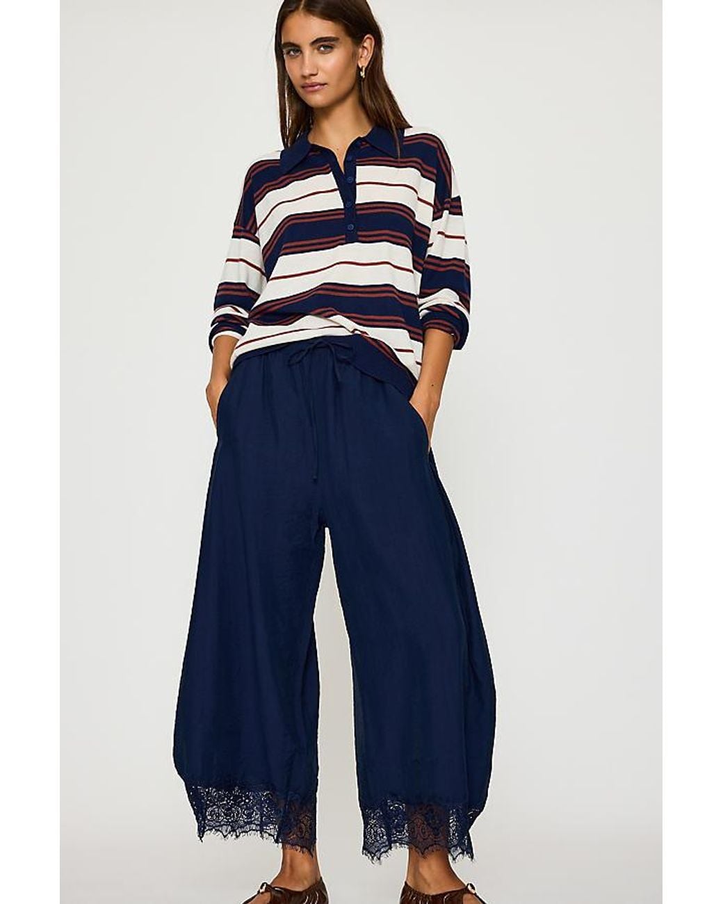 By Anthropologie Blue Reverie Cropped Lace-Hem Trousers