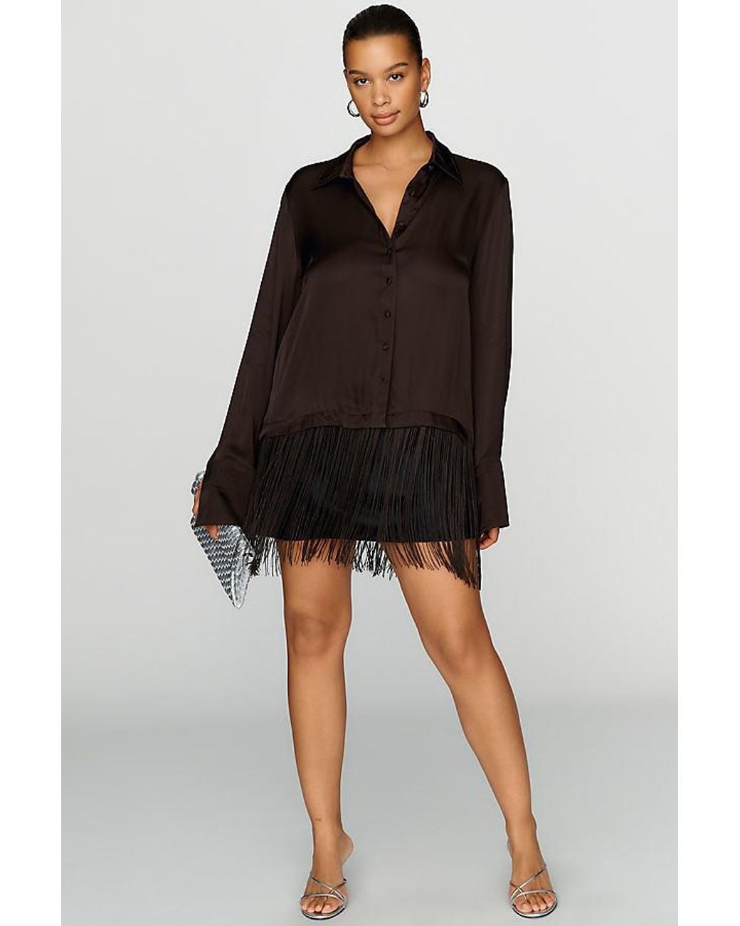 By Anthropologie Gray Satin Fringe-Hem Button-Front Blouse
