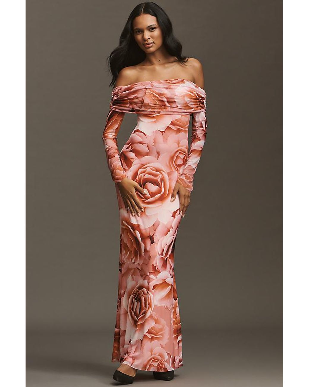 AFRM Long-Sleeve Off-The-Shoulder Mesh Maxi Dress in Orange | Lyst UK