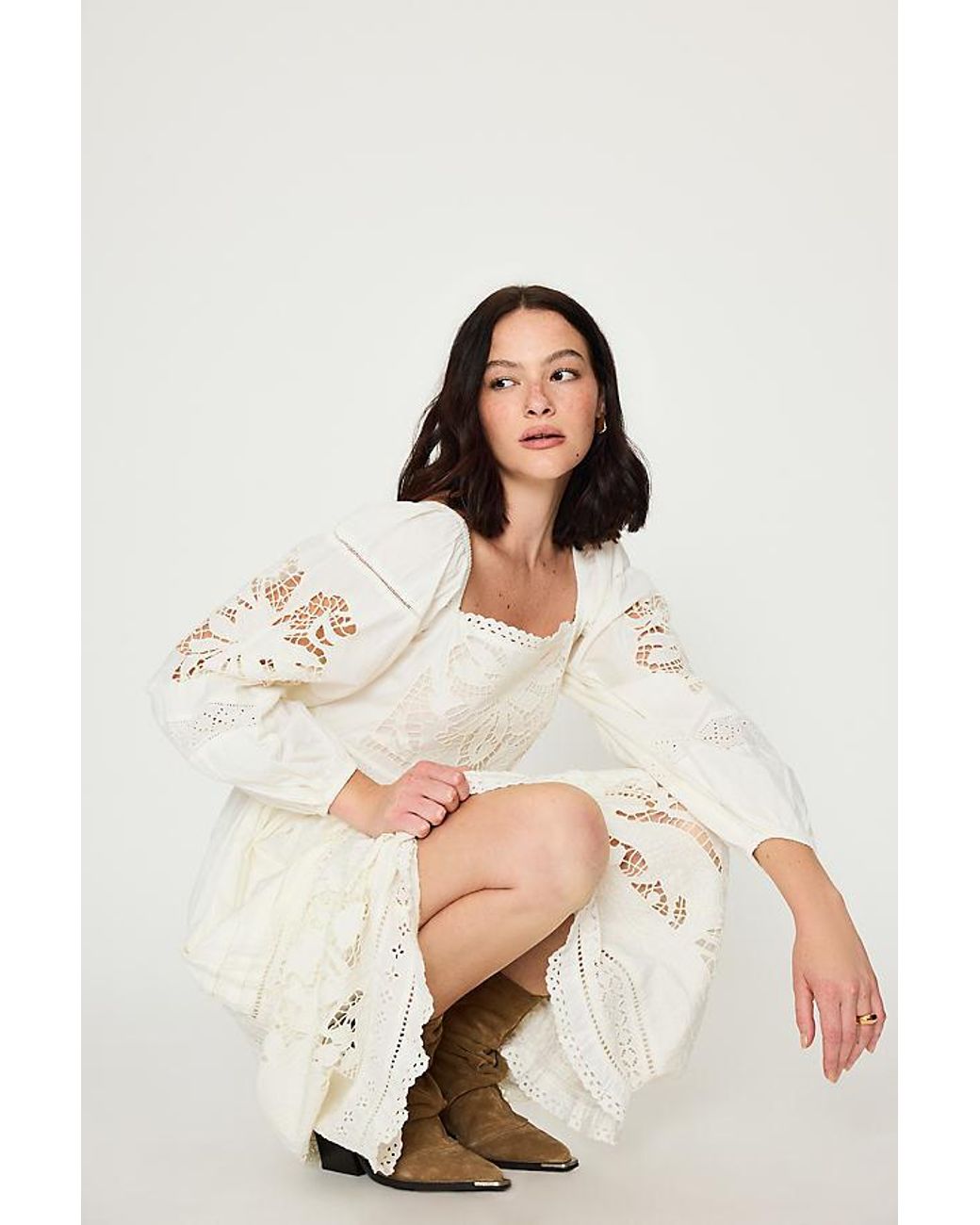 Bl-nk Natural Cutwork Long-Sleeve 100% Cotton Midi Dress