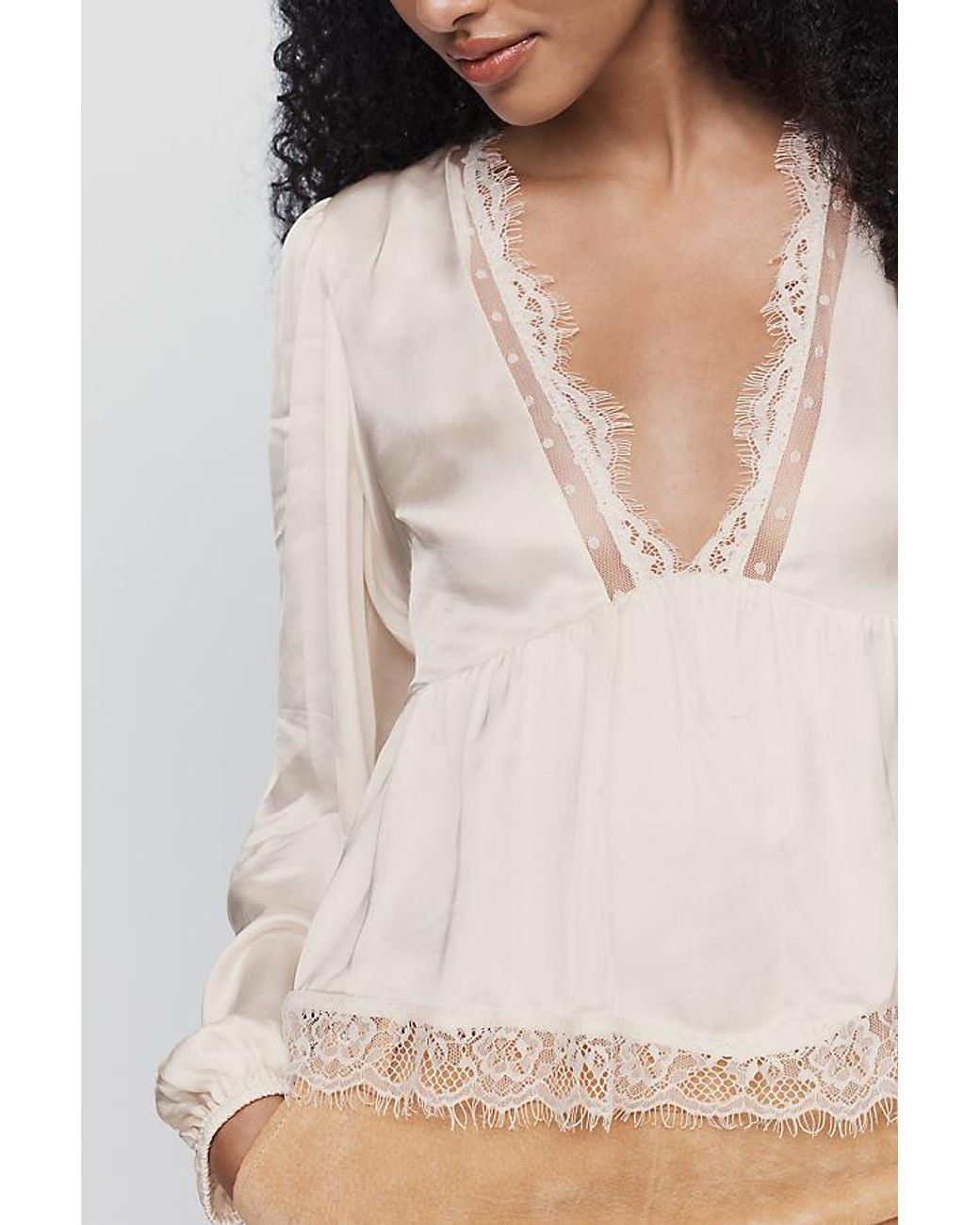 By Anthropologie Natural Satin Lace Trimmed Plunge Blouse