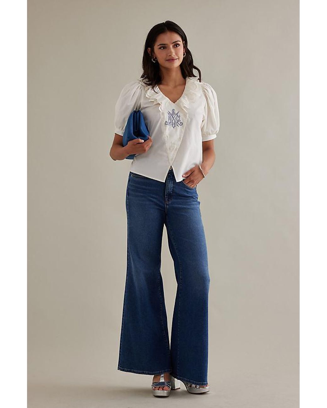 Damson Madder Lottie Puff Sleeve Ruffled Organic Cotton Blouse in