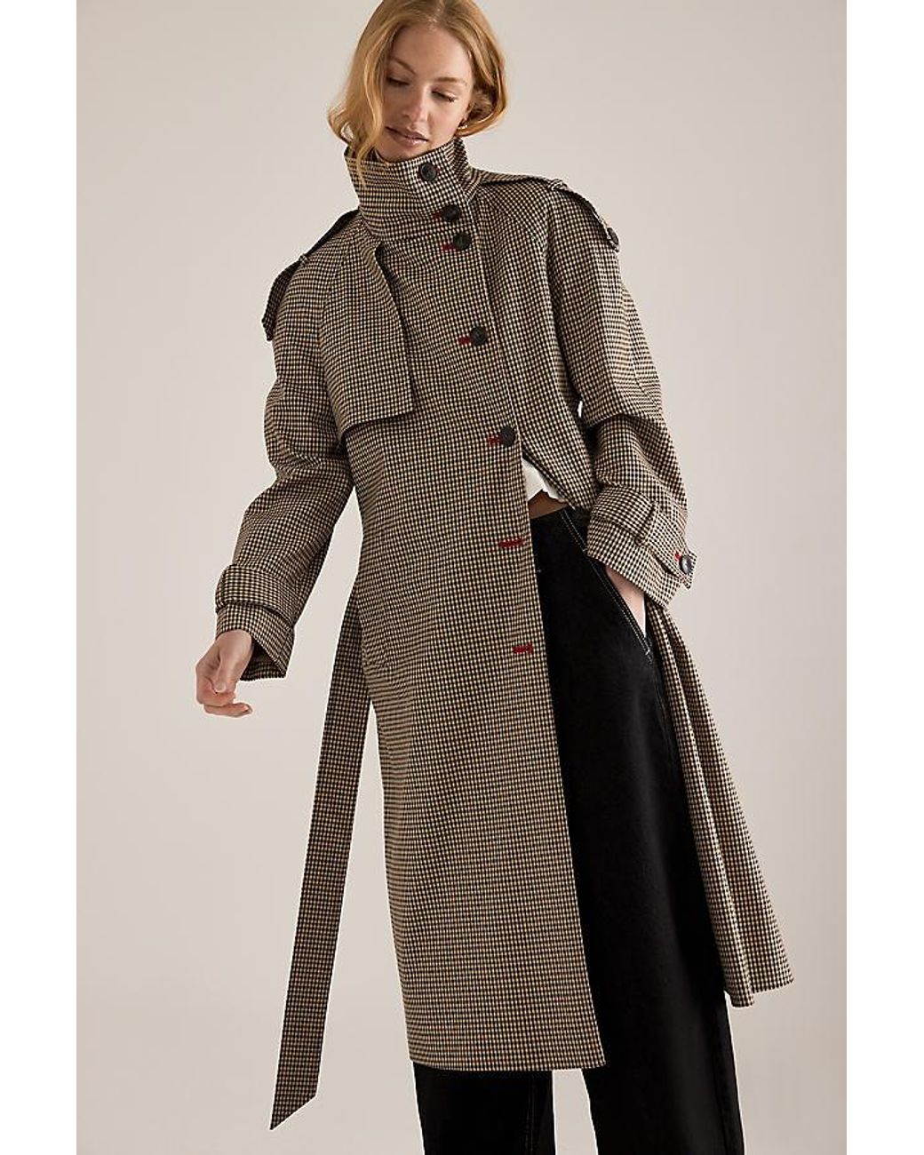 By Anthropologie Natural Lottie Check Maxi Trench Coat