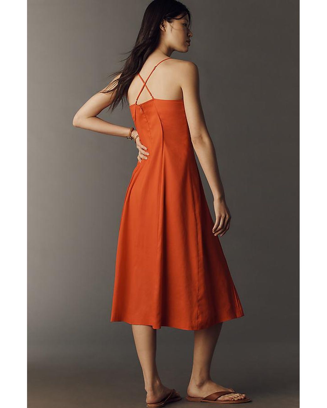Maeve Red Linen-Blend Colourblock Midi Dress
