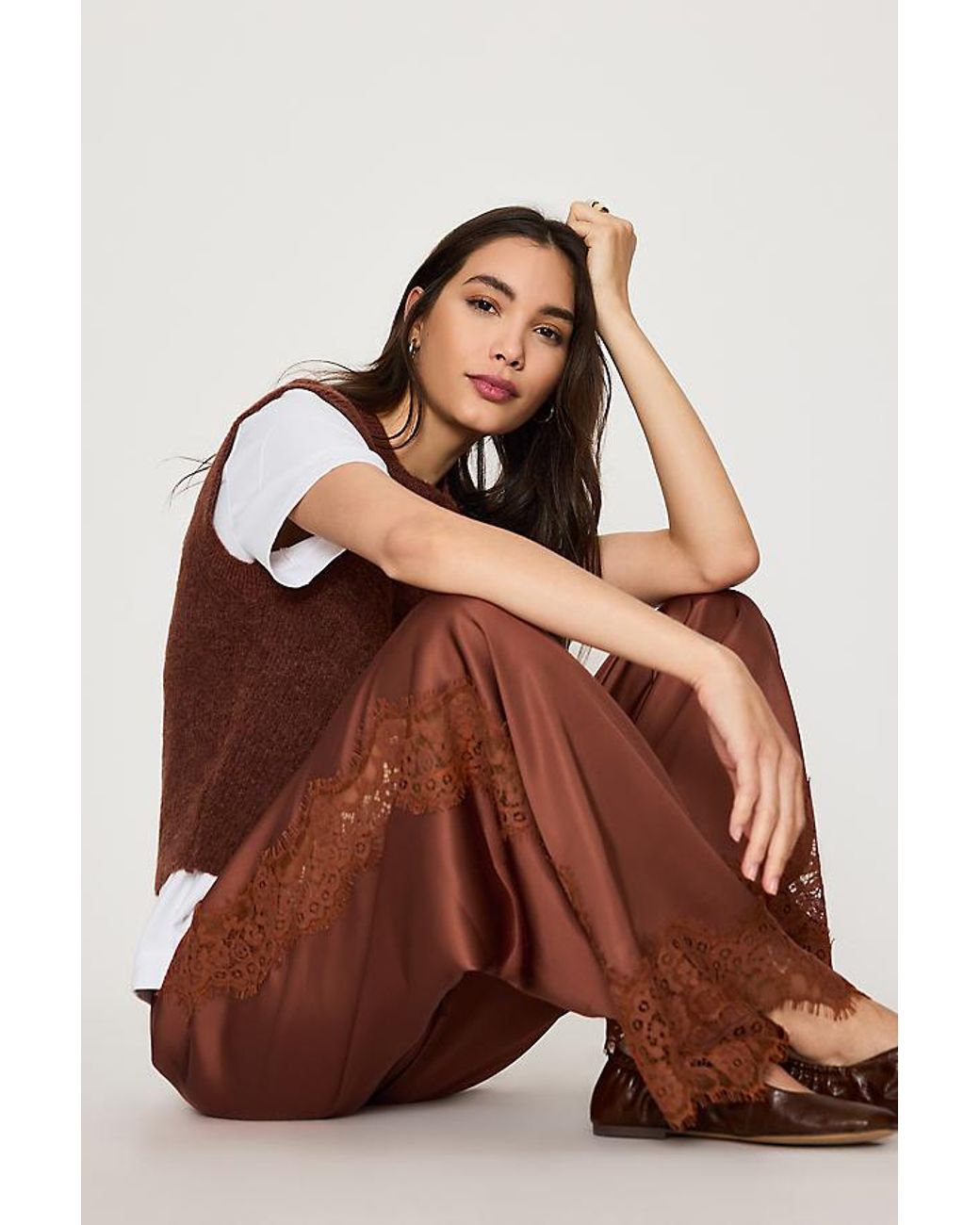 By Anthropologie Brown Satin Lace Wide-Leg Trousers