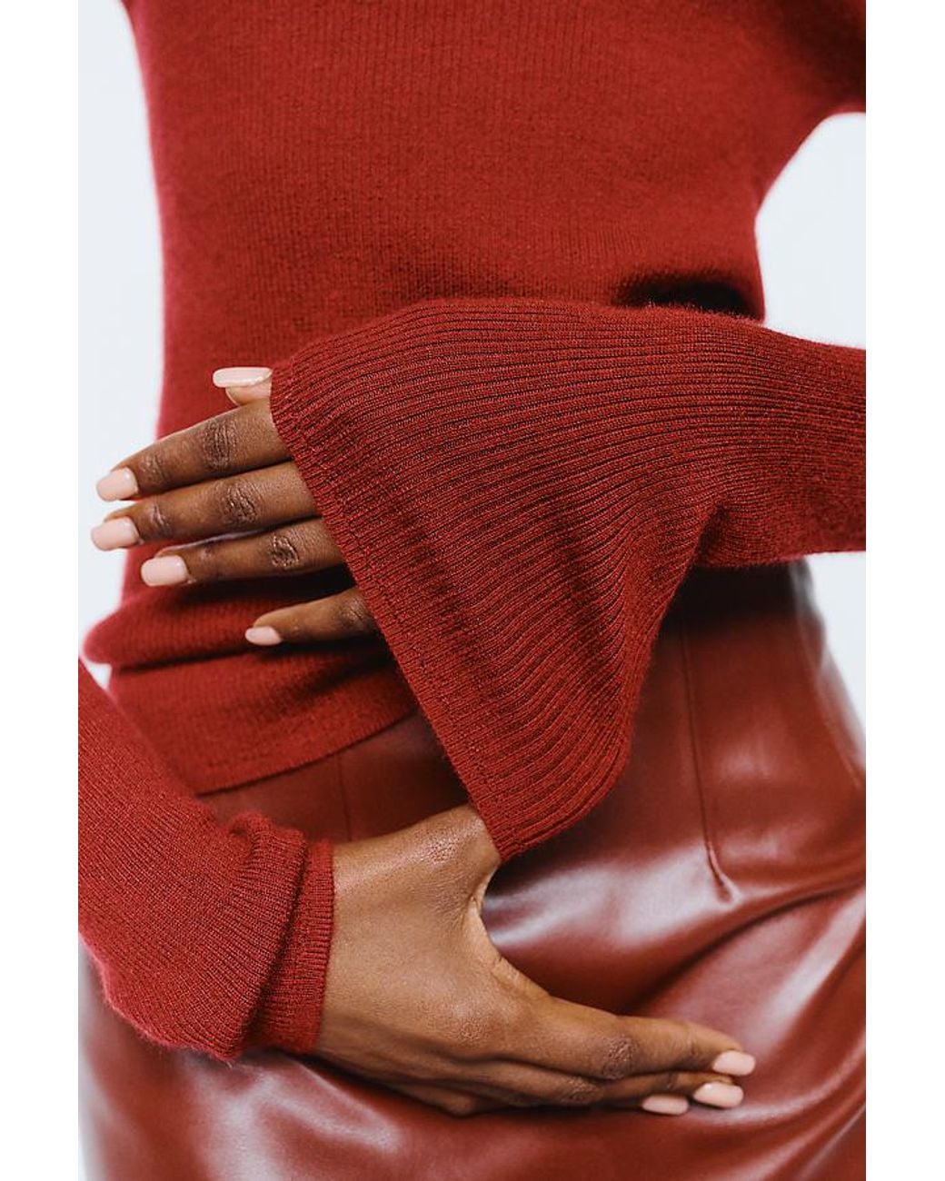 Maeve Red 100% Cashmere Ribbed Turtleneck Top