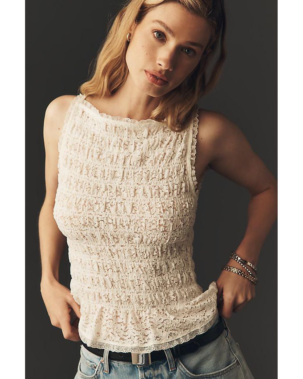 Maeve White Shirred Tank Top