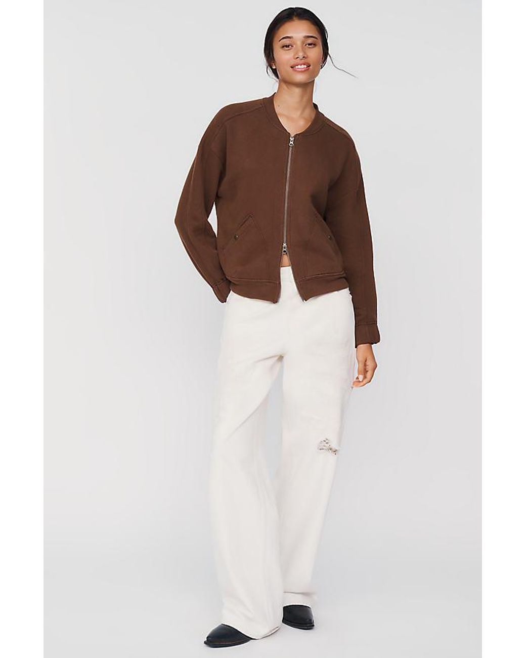 Pilcro Brown The Terry Cotton Bomber Sweatshirt