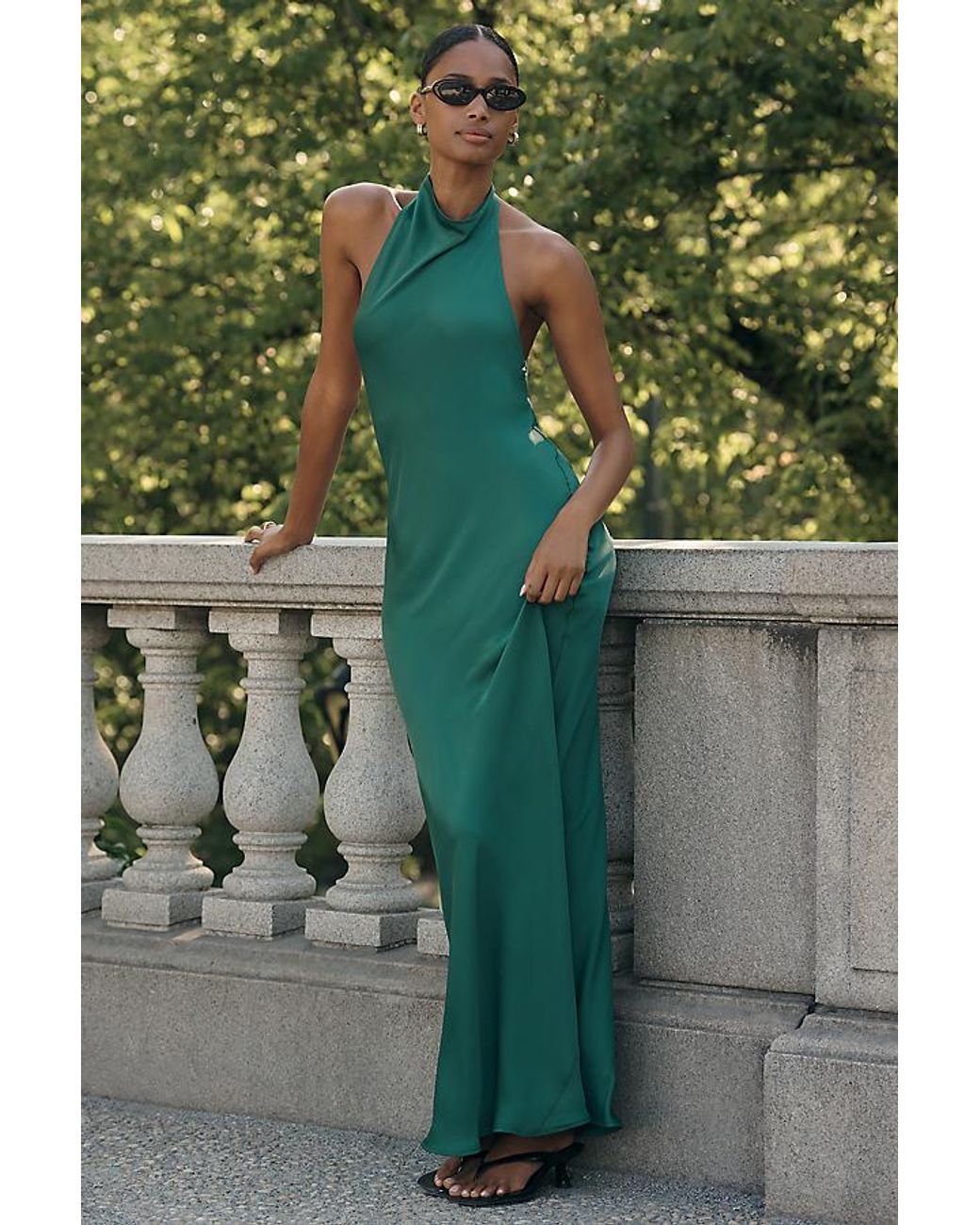 Maeve Green Cowl-Neck Satin Maxi Dress