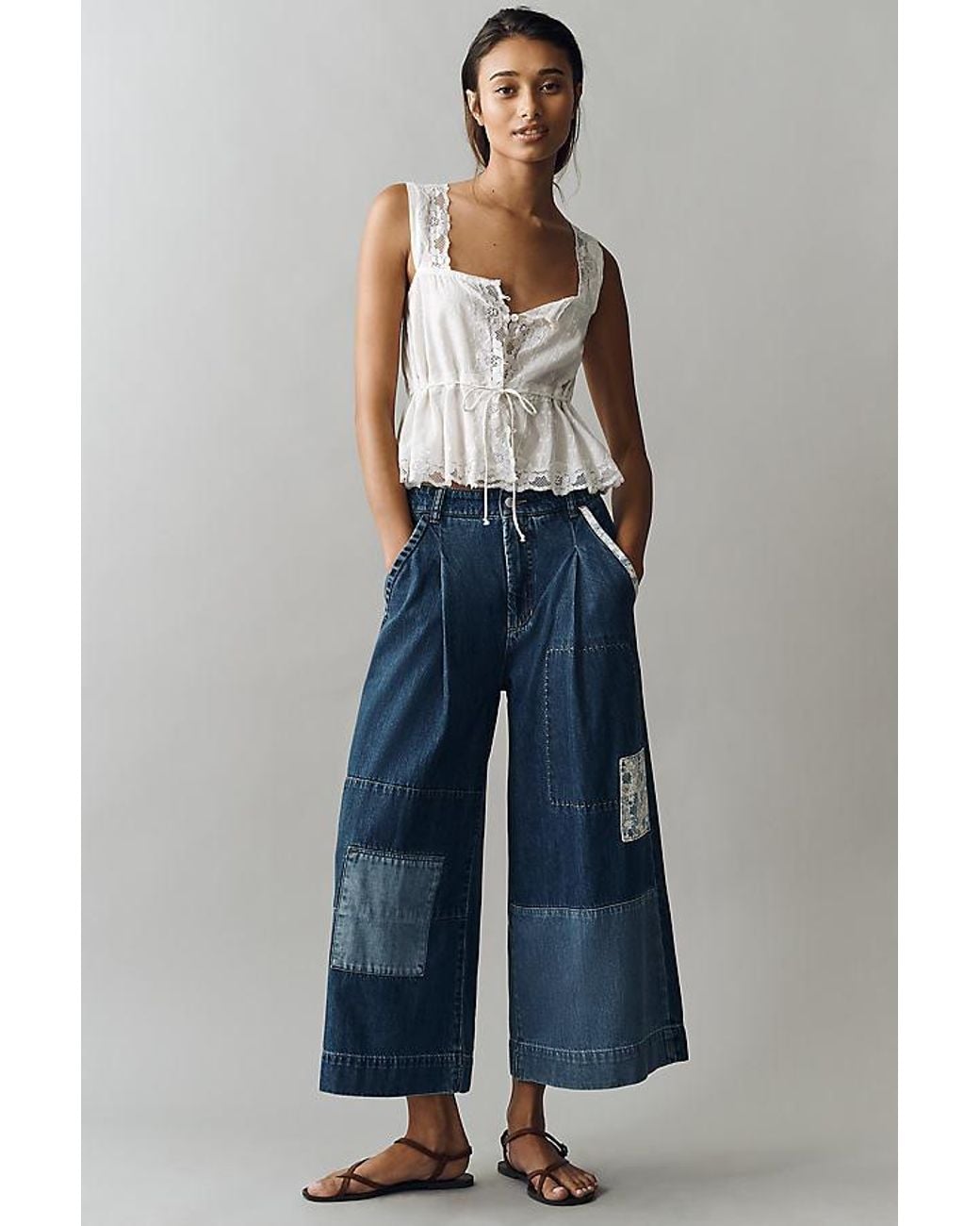 Pilcro Blue Patchwork High-Rise Crop Wide-Leg Jeans
