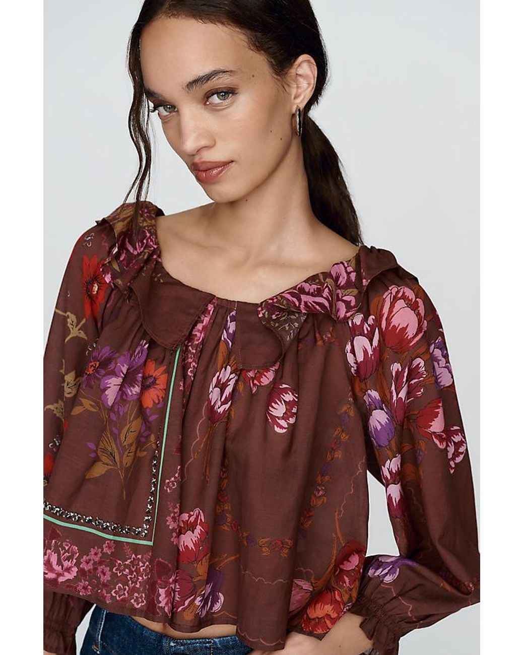 By Anthropologie Red Cotton-Blend Puff Sleeved Cropped Blouse