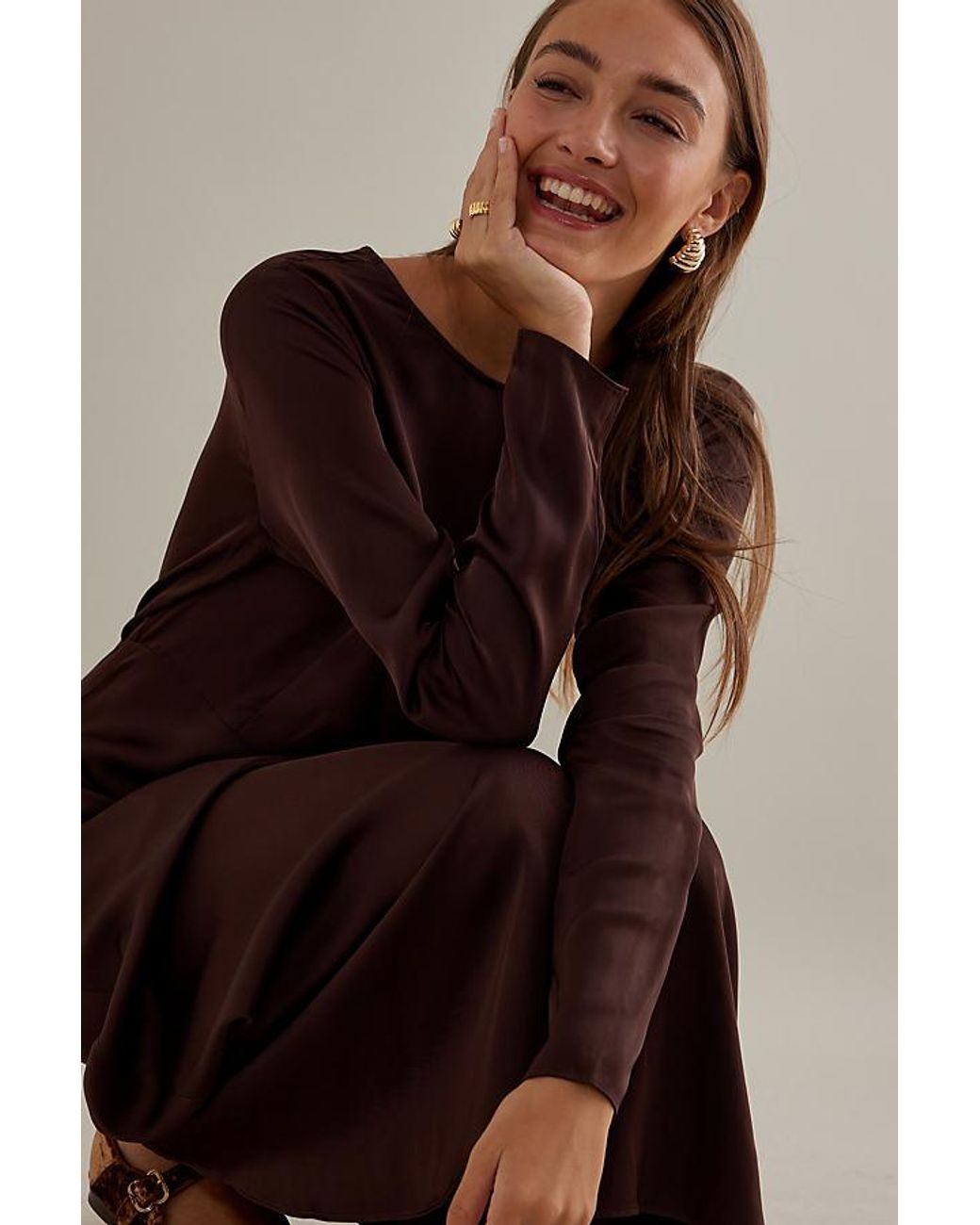 SELECTED Maribell Long-sleeve Satin Maxi Dress in Brown | Lyst UK