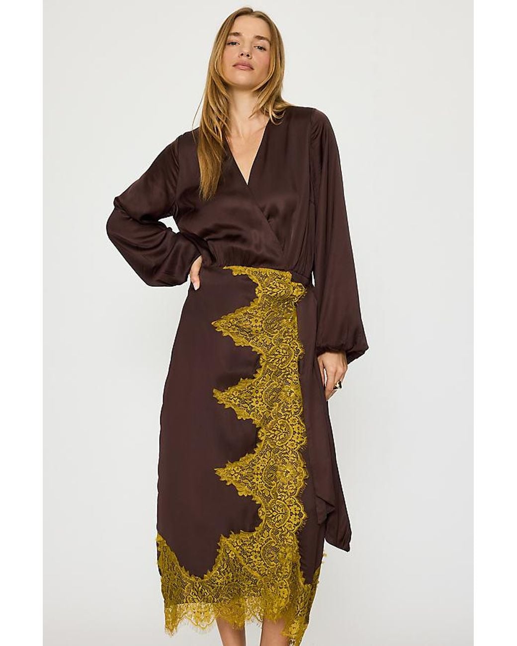 Never Fully Dressed Brown Isabella Satin Midi Wrap Dress